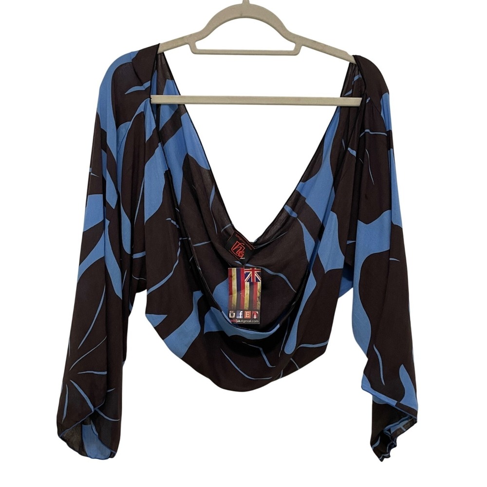 Homegrown Wahine Shrug Top Womens OS Blue Brown Tropical Leaf Made in Hawaii NWT